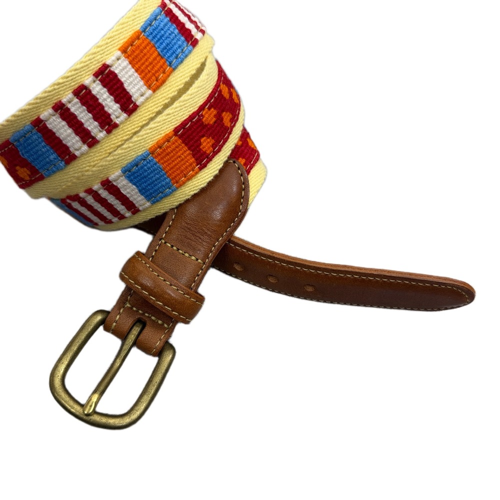 J Press Cotton Leather Belt Mens Medium Yellow Brass Buckle Multi Blanket Stripe